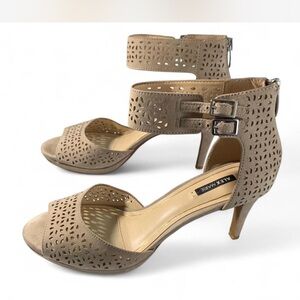 Alex Marie Taupe Laser-Cut Ankle-Strap Heels
